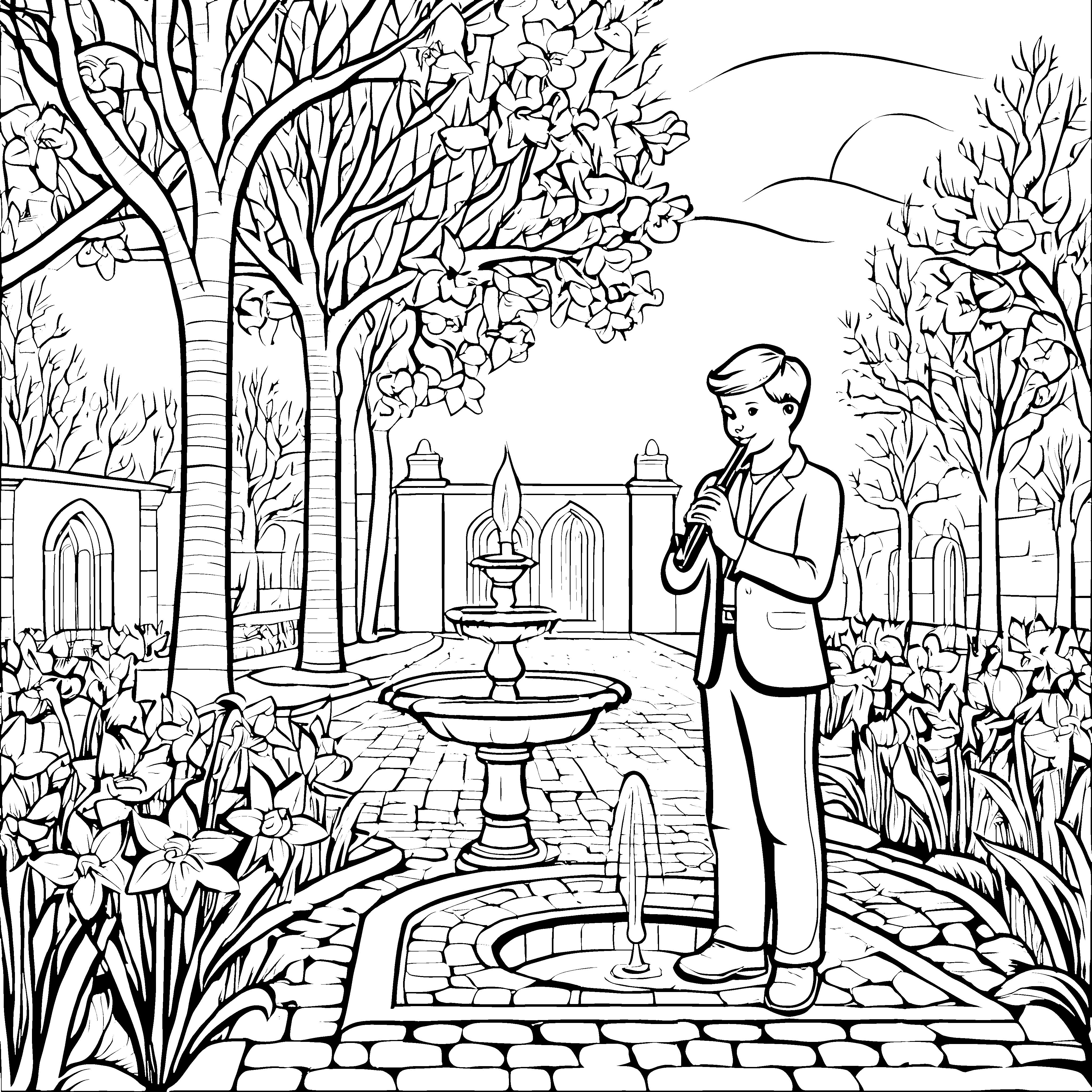 Zauberhafte Flöte im blühenden Garten Ausmalbild für musikalische Entdecker