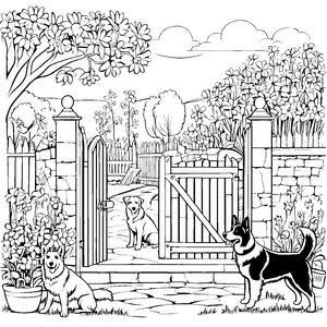 Hofhunde im Garten: Ein gemütlicher Ausmalspaß mit Blumenpracht