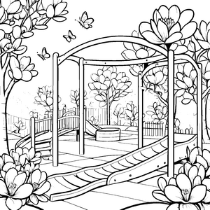 Fantasievolle Magnolien im lustigen Spielplatz Abenteuer-Motiv für kleine Entdecker