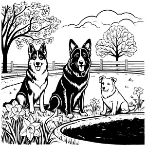 Drei Hofhunde im Zaun mit Blumen zum Ausmalspaß
