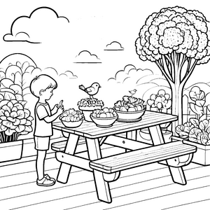 Brokkoli Picknick: Ein malerischer Tag mit Gemüse für Kinder zum Ausmalen