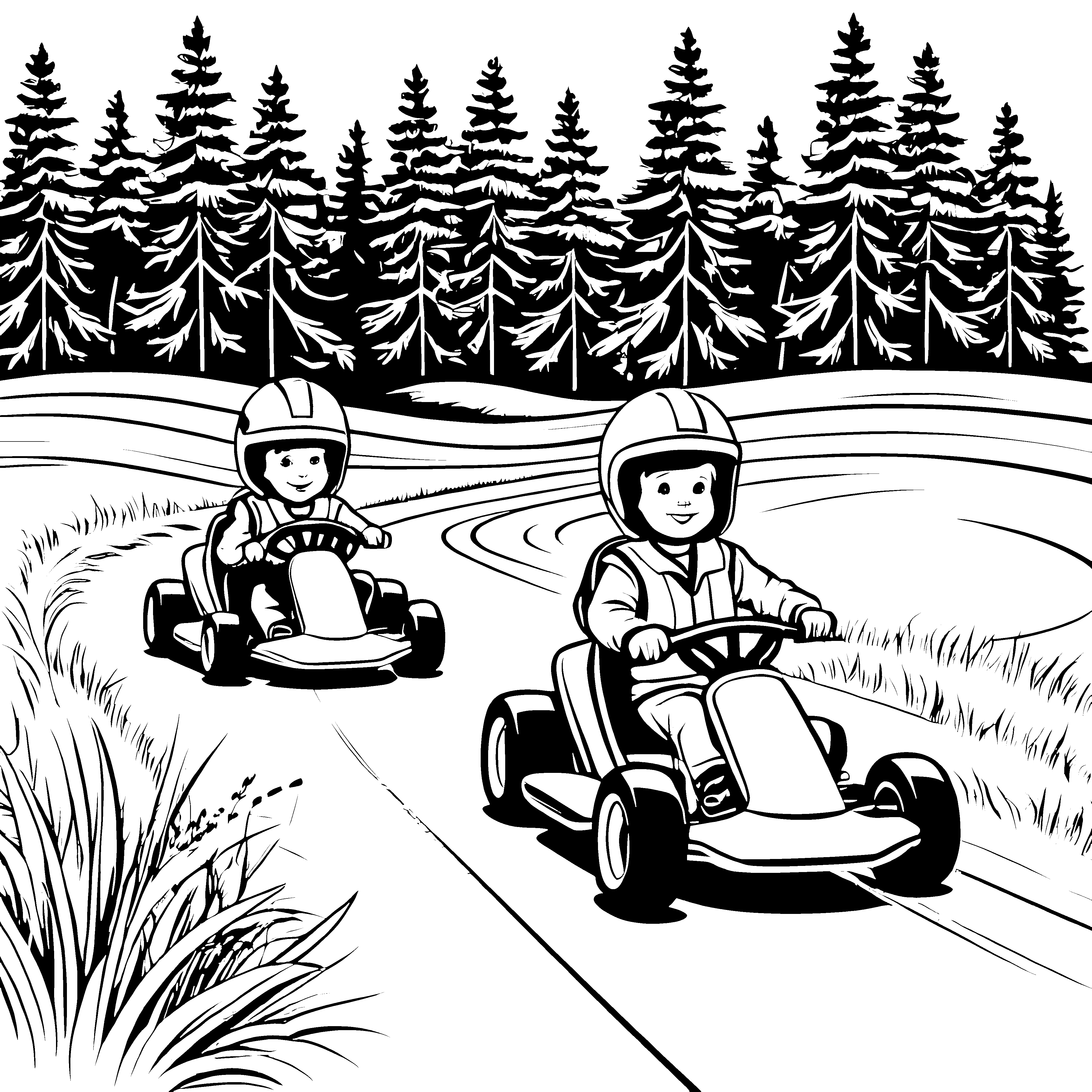 Rasante Go-Karts auf grüner Rennstrecke Ausmalbild für junge Motorsportler
