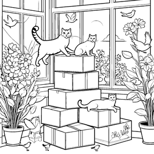 Lustige Katzen spielen unter Blumen vor dem Fenster zum Ausmalen