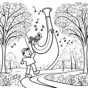 Der junge Musiker spielt Tuba im Park mit Notenregen