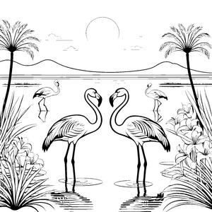 Flamingos im Sonnenuntergang am Lagunenstrand Ausmalmotiv für lebensfrohe Künstler