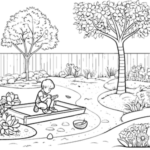 Junge am Sandkasten im Garten malen Ausmalbild