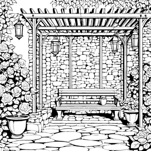 Malspaß: Gartenbänke unter der Rosenpergola ausmalen