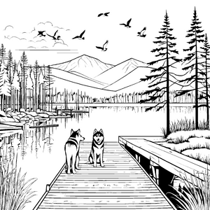 Zwei abenteuerlustige Huskys am glitzernden See Ausmalbild für kleine Naturentdecker