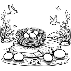 Osternest mit bunten Eiern und fliegenden Vögeln zum Ausmalen