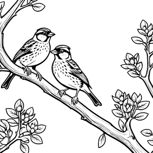 Zwei muntere Vögel auf floralem Ast Ausmalmotiv für kleine Naturforscher