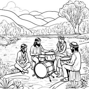 Lebendige Hippies am Flussrand Malvorlage für jungfreudige Klangliebhaber