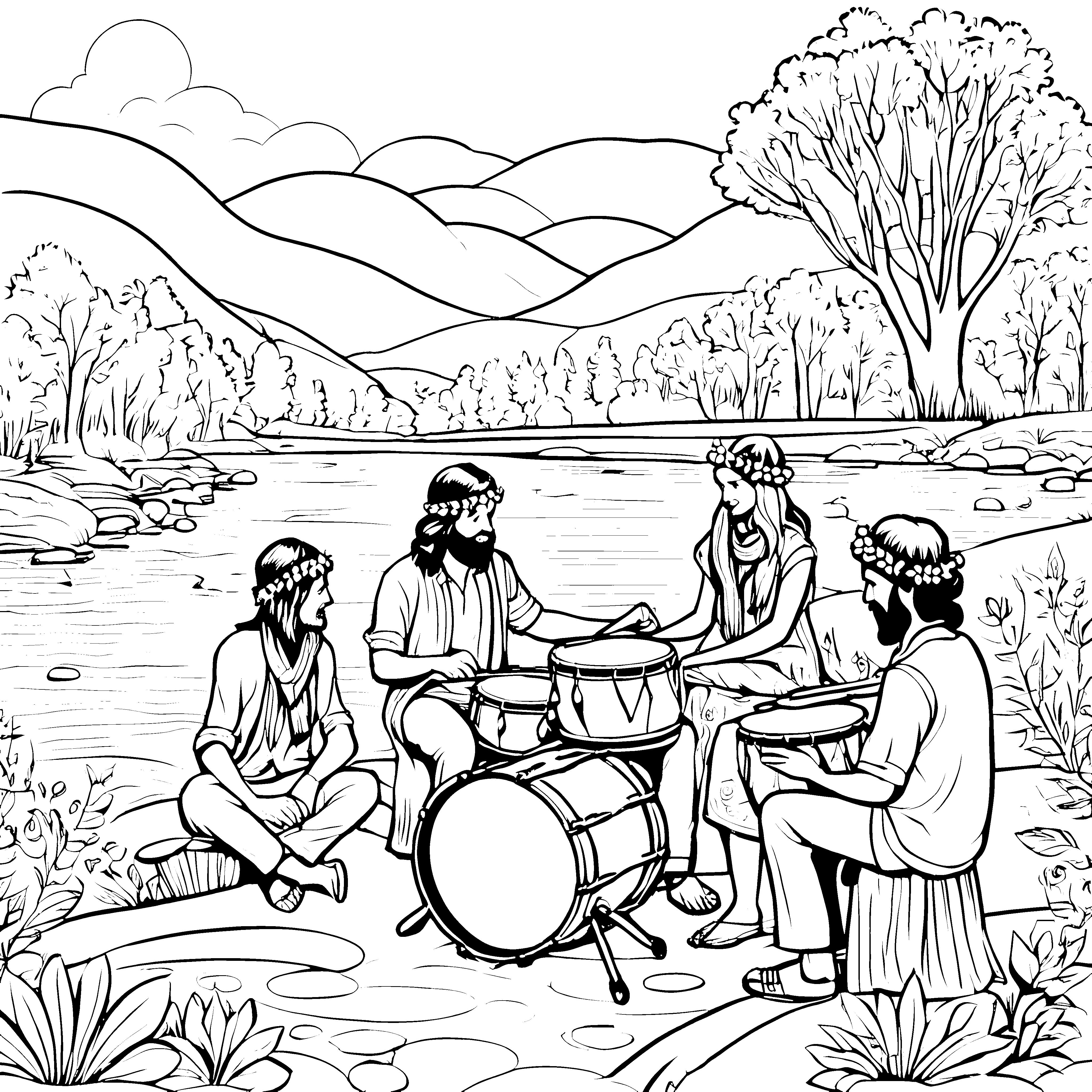 Lebendige Hippies am Flussrand Malvorlage für jungfreudige Klangliebhaber