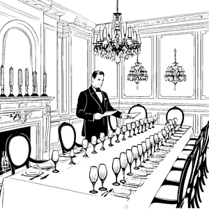 Stilvoller Butler bei festlichem Dinner Malvorlage für kleine Feinschmecker
