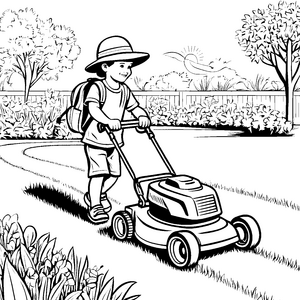 Motivierter Junge beim Rasenmähen Ausmalbild für kreative Gartenfreunde