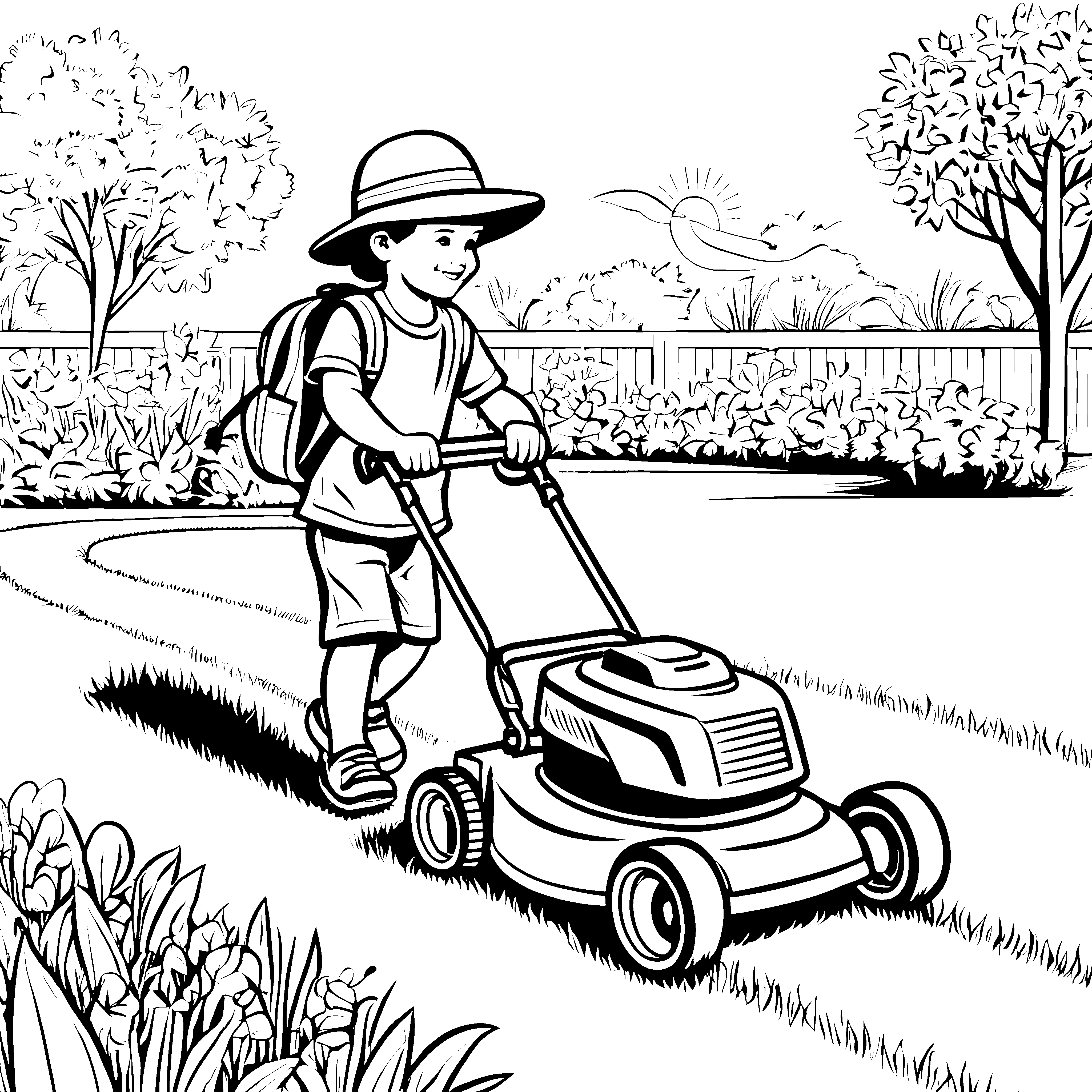 Motivierter Junge beim Rasenmähen Ausmalbild für kreative Gartenfreunde