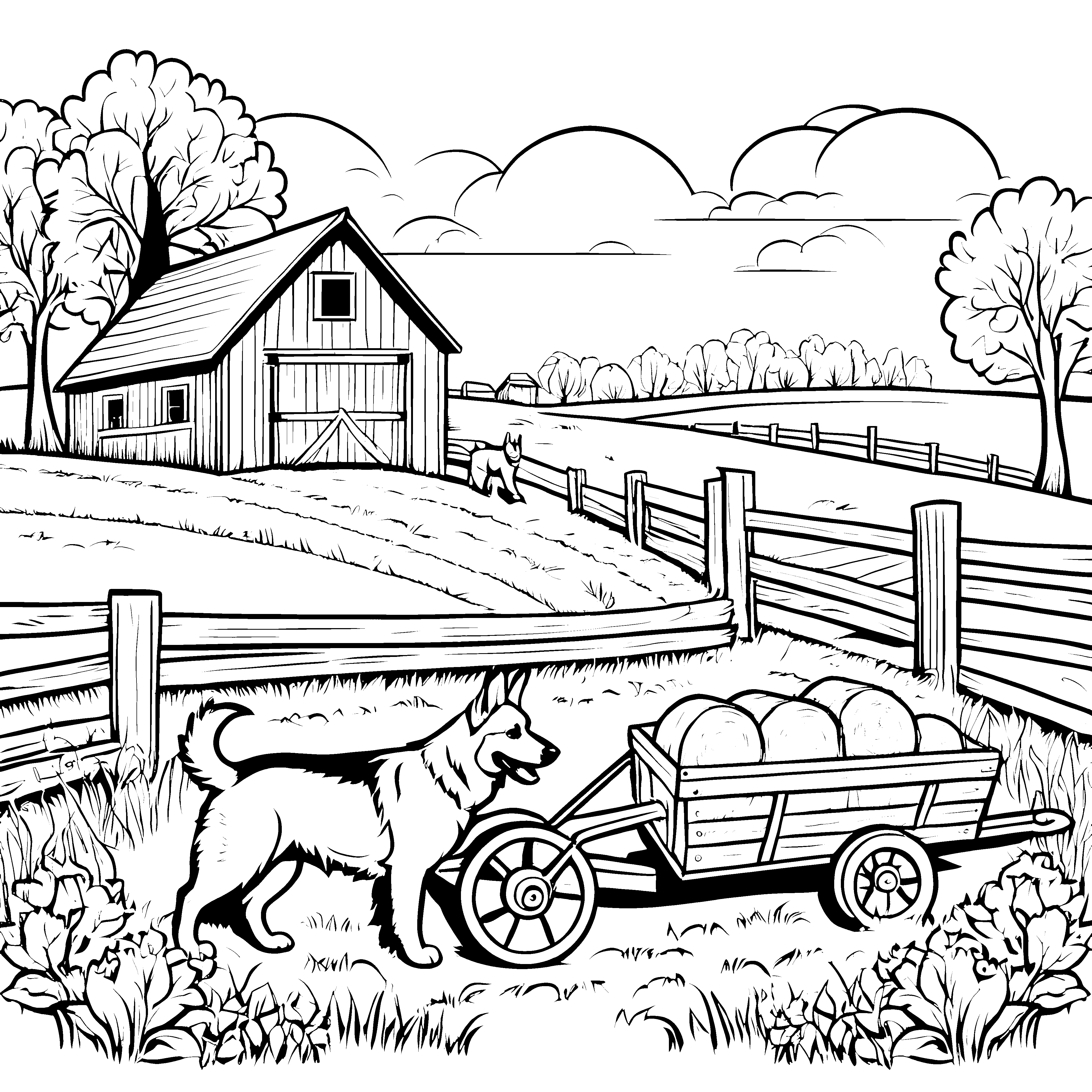Hofhunde am Bauernhof: Ein ländliches Ausmalbild mit Wagen