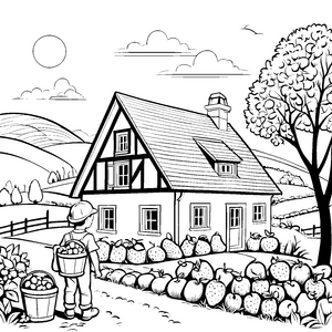 Idyllisches Landhaus mit fruchtbarem Garten Ausmalvorlage für kleine Naturfreunde