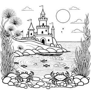 Krebse vor der Burg am Ufer malen zum Ausmalspaß