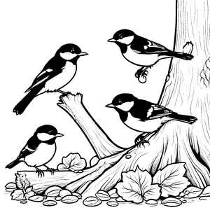 Fröhliche Vogelbabys auf Baumstamm Ausmalvorlage für neugierige Entdecker