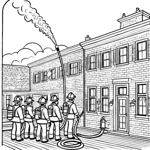 Heldenhafte Feuerwehrleute im Löscheinsatz Ausmalbild für abenteuerlustige Entdecker