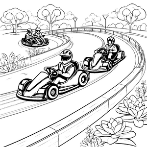 Actionreiche Go-Kart-Fahrer auf der Abenteuerbahn Ausmalbild für mutige Rennliebhaber