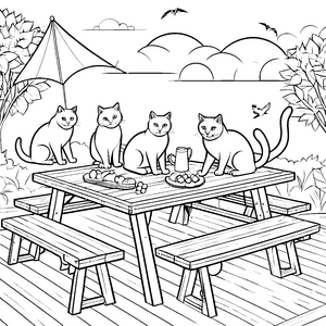 Lustige Katzen beim Picknick am Holztisch