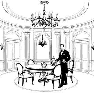 Eleganter Butler mit feinem Teeservice Ausmalbild für stilvolle Farbgestalter