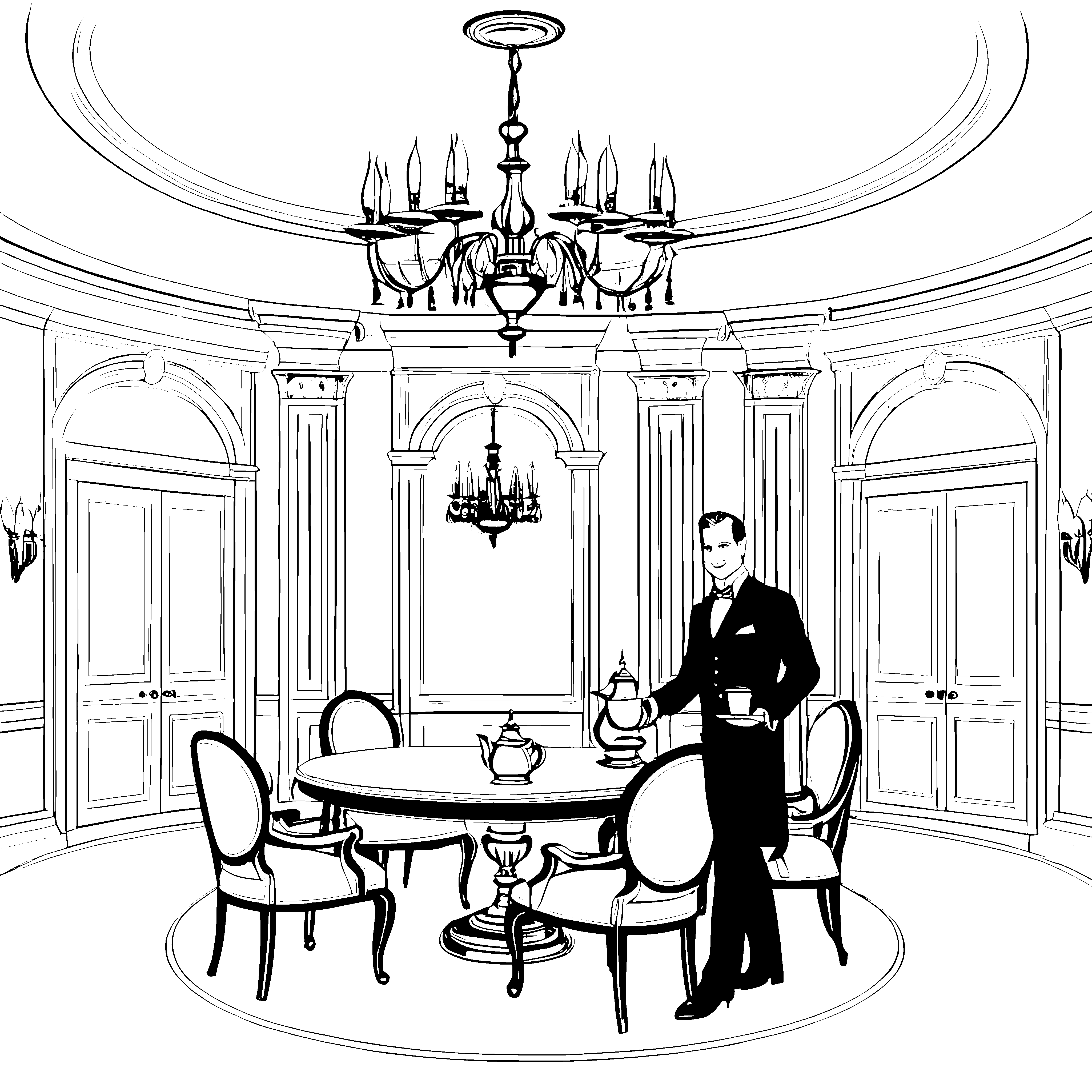 Eleganter Butler mit feinem Teeservice Ausmalbild für stilvolle Farbgestalter