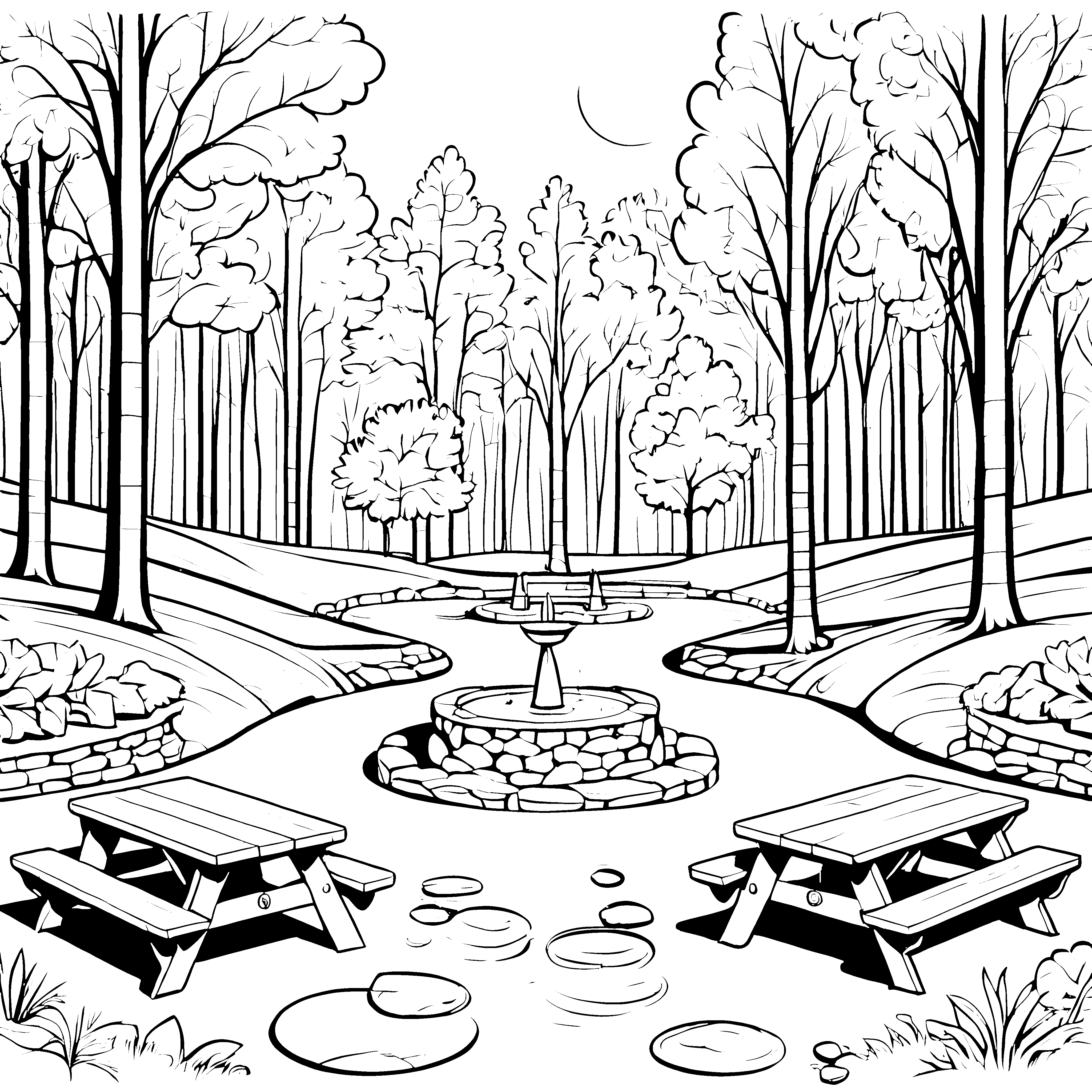 Idyllischer Picknicktisch im Waldpark Ausmalmotiv für neugierige Naturentdecker