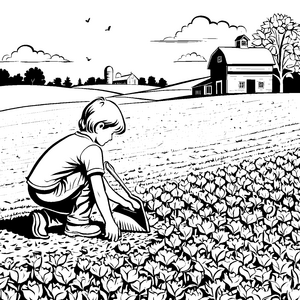 Gemütlicher Junge bei der Pflanzaktion Ausmalvorlage für kleine Gartenfreunde