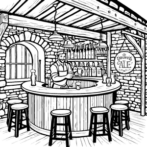 Gemütliche Taverne mit fröhlichem Wirt Ausmalbild für kleine Entdecker