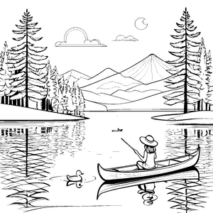 Spannendes Kanu-Abenteuer auf dem idyllischen Badesee Ausmalbild für kleine Naturentdecker
