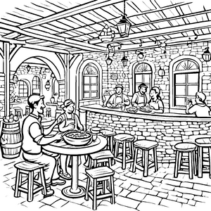 Gemütliche Taverne mit fröhlicher Runde Ausmalbild für entspannten Zeitvertreib