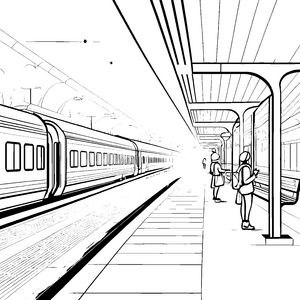 Rasanter Schnellzug am lebhaften Bahnhof Ausmalvorlage für neugierige Entdecker