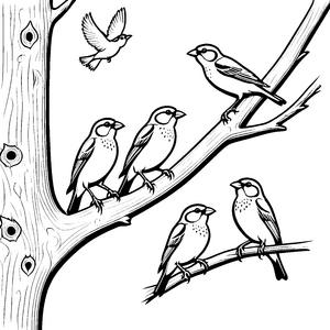 Vibrierende Vögel auf starken Ästen Ausmalmotiv für kleine Naturfreunde
