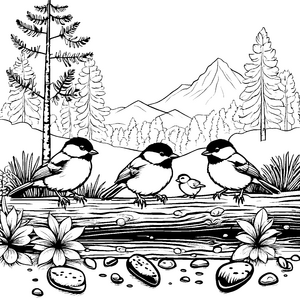 Fröhliche Vogelbabys auf einem Baumstamm Ausmalvorlage für neugierige Naturforschern