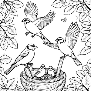 Harmonische Vögel im bunten Baumkronen-Motiv für neugierige Entdecker