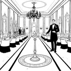 Stilvoller Butler mit elegantem Abendessen Malvorlage für kleine Gourmetfreunde