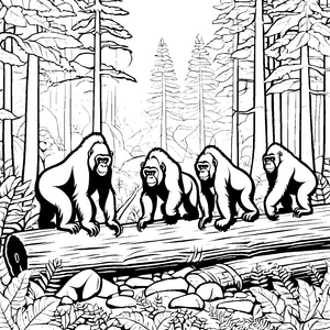 Verspielte Gorillas auf Baumstamm Ausmalvorlage für kleine Dschungelentdecker