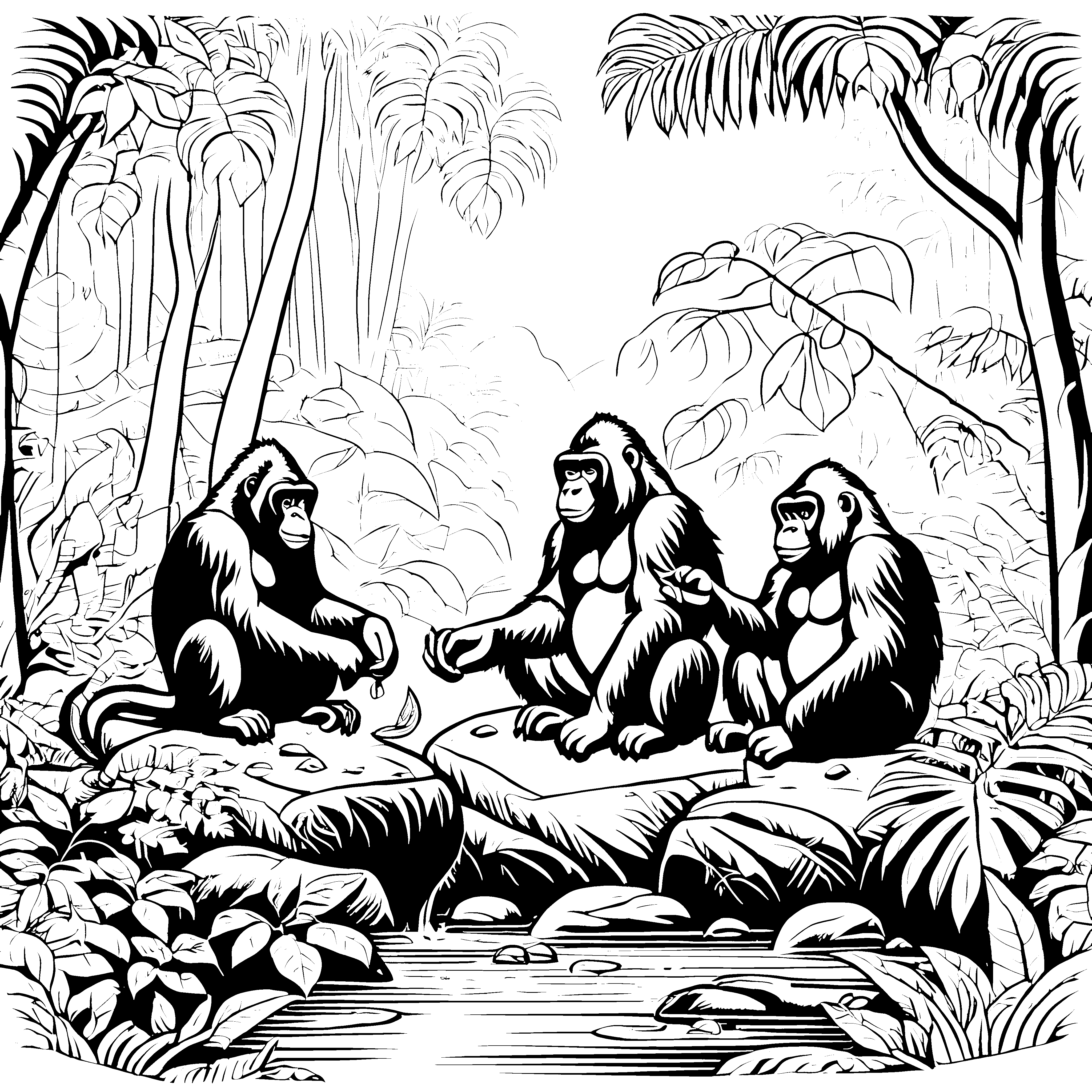 Freundliche Gorillas beim Entspannen am Fluss Malvorlage für neugierige Tierliebhaber