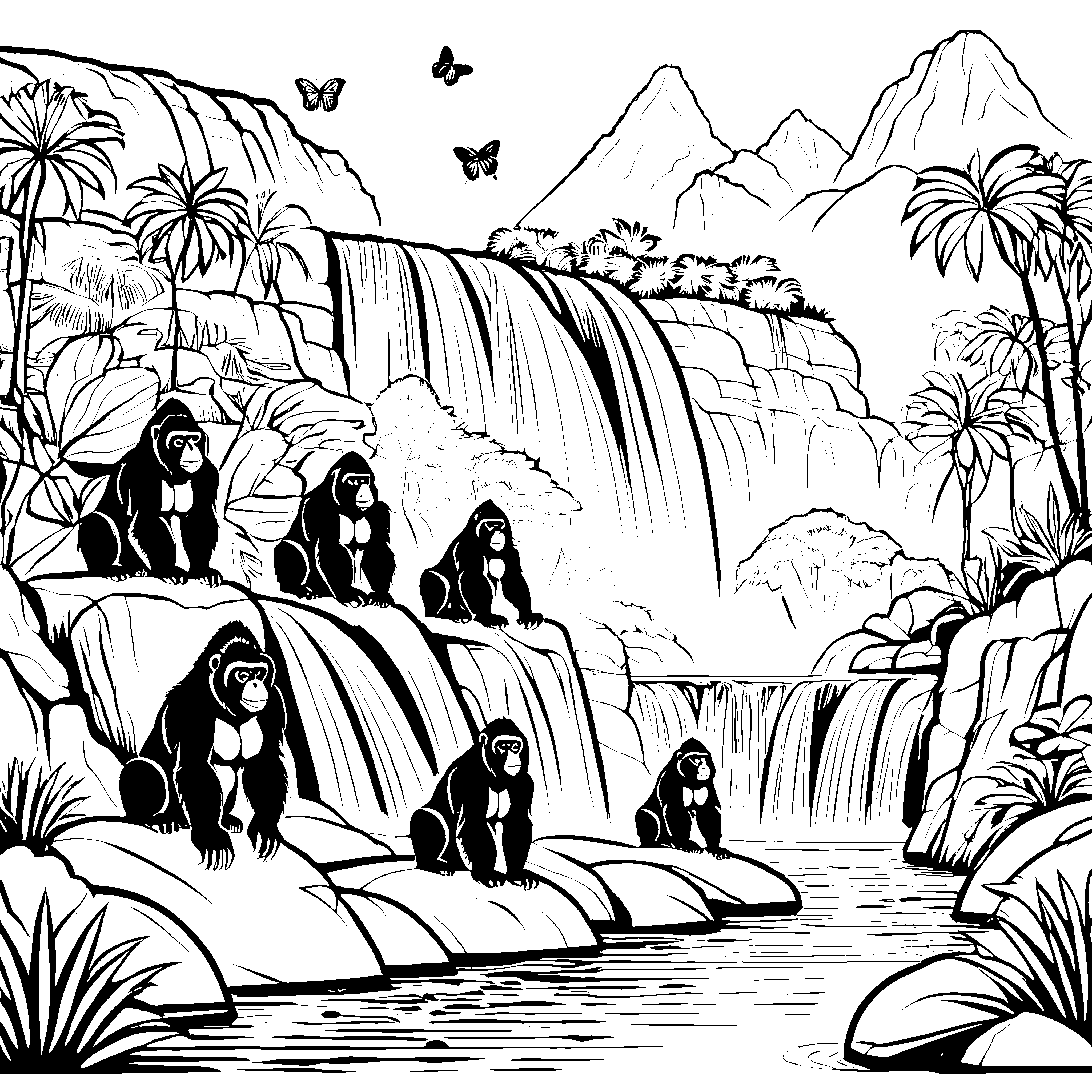 Verspielt entspannte Gorillas am Wasserfall Ausmalvorlage für kleine Naturentdecker