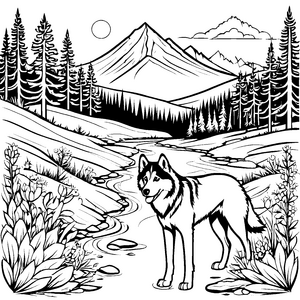 Bewundernswerter Husky vor malerischer Berglandschaft Ausmalvorlage für kleine Entdecker