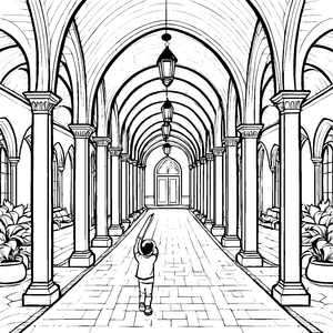 Beeindruckendes Gewölbe mit fantasievollem Entdecker Ausmalbild für kleine Architekturfreunde