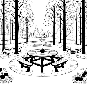 Fantasievoller Picknicktisch im blühenden Park Ausmalbild für neugierige Naturforscher