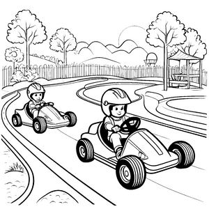 Fröhliche Kinder im Go-Kart auf spannender Rennstrecke Ausmalvorlage für kleine Geschwindigkeitsfans