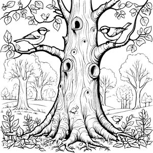 Harmonische Vögel auf majestätischem Baum Ausmalbild für neugierige Naturentdecker