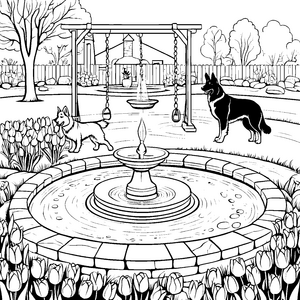 Hofhunde im Garten: Ein Ausmalbild mit Brunnen und Tulpen