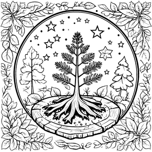 Zauberhafte Weihnachtsstern-Szene zum Ausmalen mit Tannenbaum