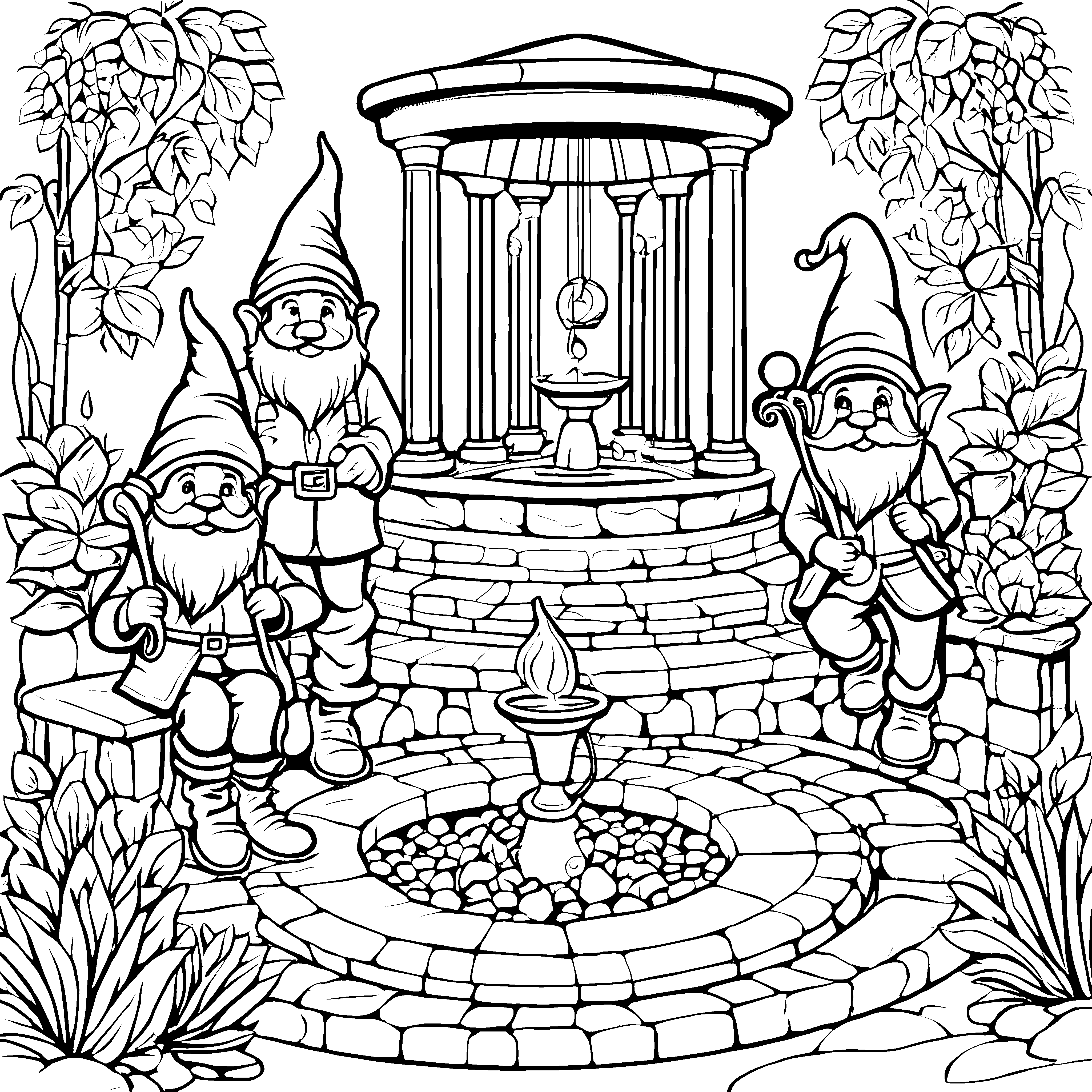 Die Zwerge am Brunnen: Ein Ausmalspaß im Gartenparadies