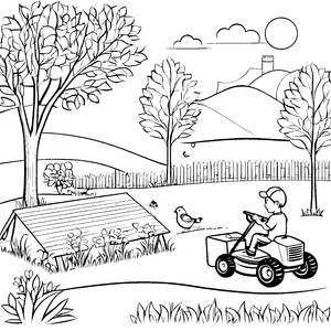Rasenmäher-Abenteuer im bunten Garten Ausmalbild für kleine Naturfreunde